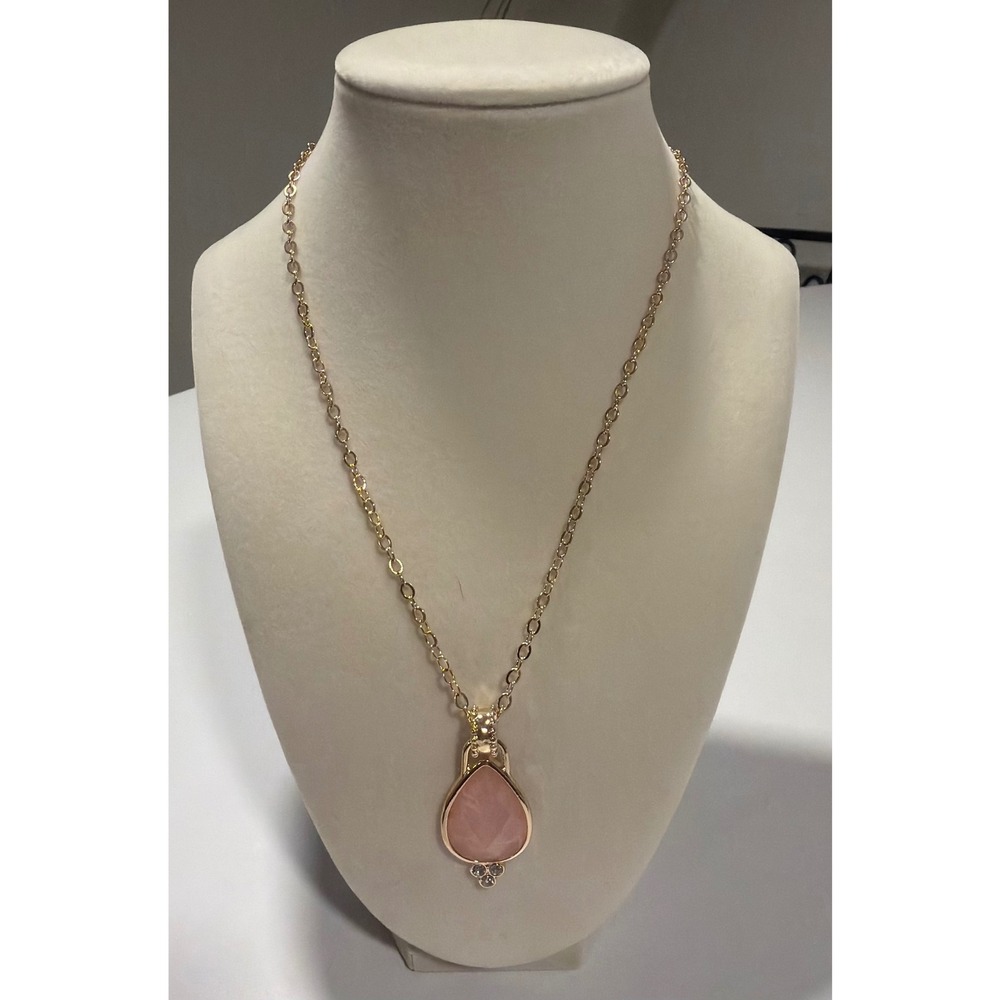 Gold Tone Pink Teardrop Stone Pendant Necklace with Rhinestone Accents